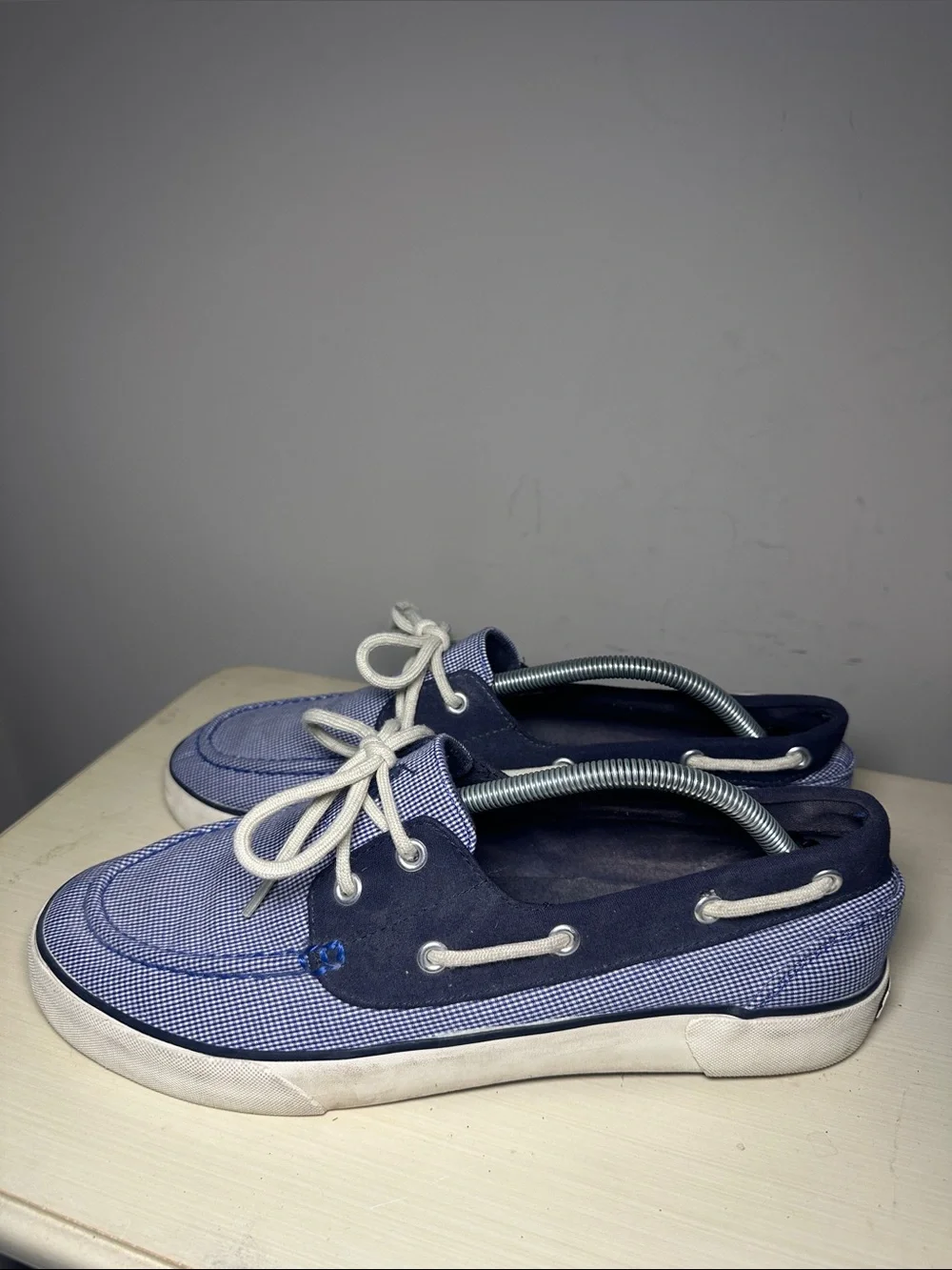Polo Ralph Lauren Lander mini gingham Navy and Light Blue Canvas Boat Shoes